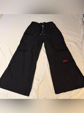 Civil Regime Black Wide-Leg Cargo Pants with Red Embroidery